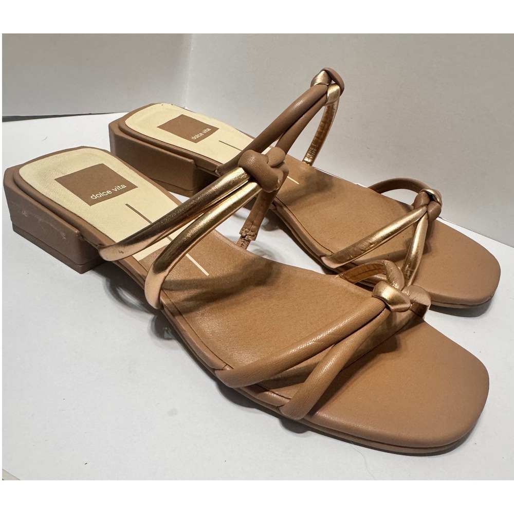 Dolce Vita Noles Strappy Block Heel Sandals Tan Gold Metallic Womens Size 9